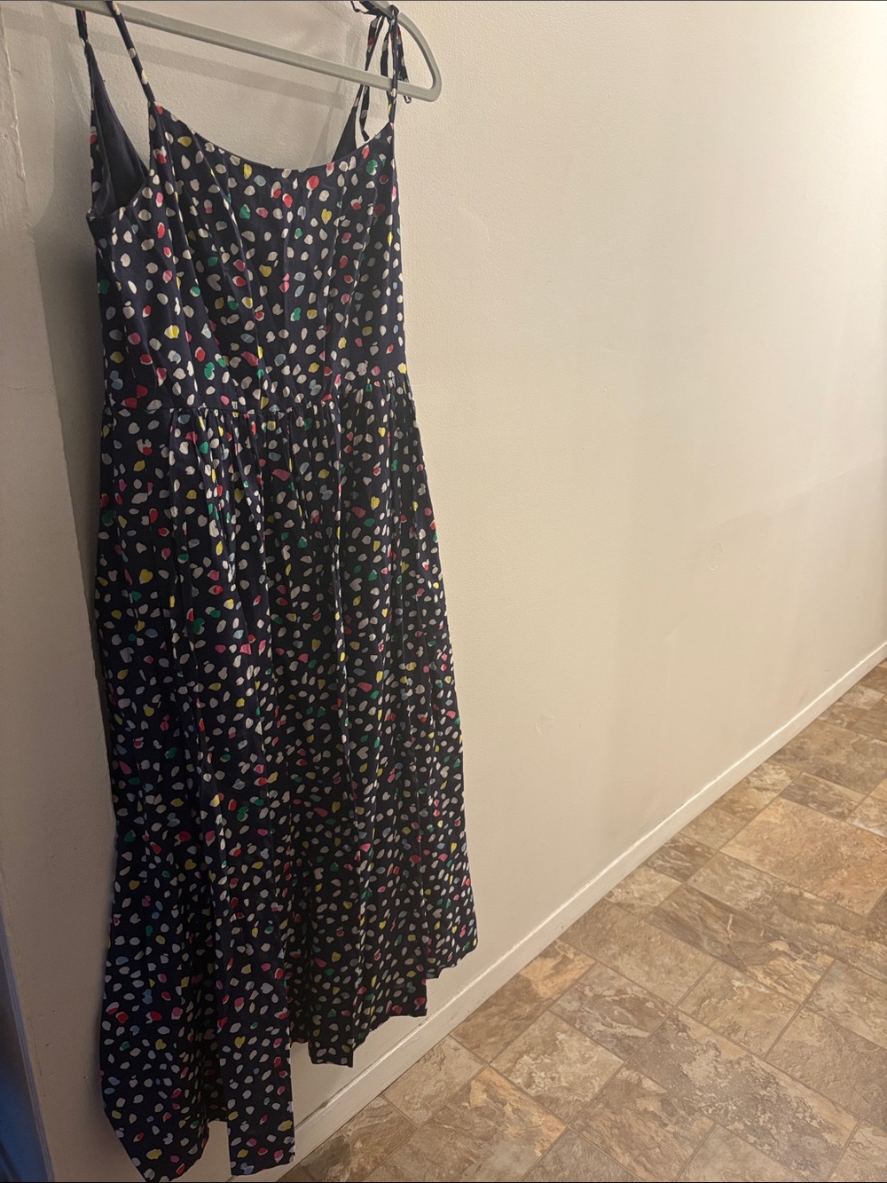 J. Crew Black Midi Dress with Multicolor Dot Print